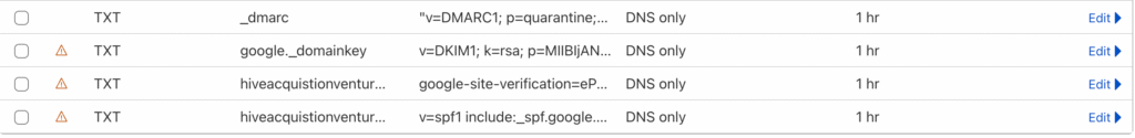 Live TXT records for SPF, DKIM and DMARC on one HiveHub test domain.