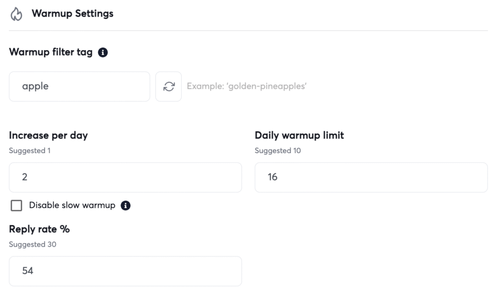 Instantly settings: +2 emails/day rise, 16 daily limit day 6, 54 % auto-reply.