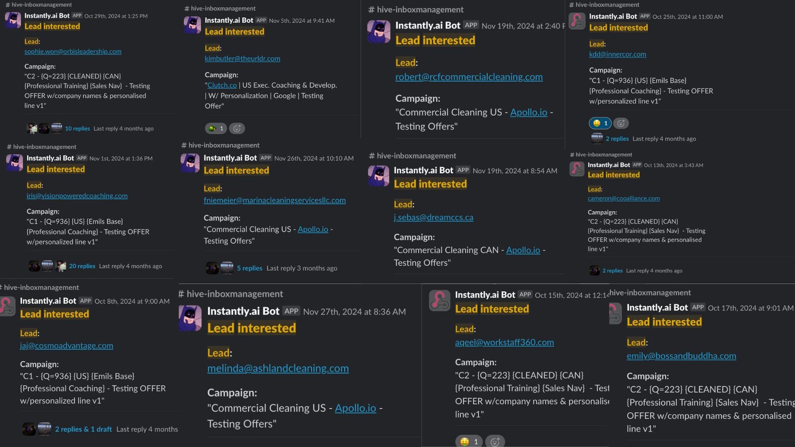 Slack thread snapshots showing real-time interested lead replies from HiveHub’s cold email campaigns.